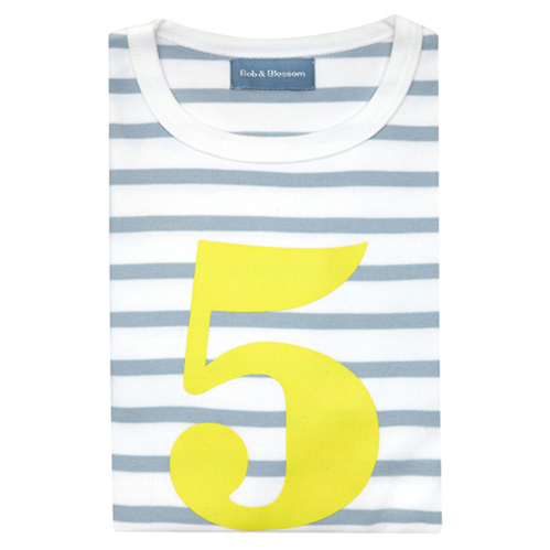 Grey &amp; White Breton Striped Number 5 T Shirt (Yellow)
