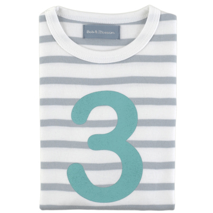 Grey &amp; White Breton Striped Number 3 T Shirt (Turquoise)
