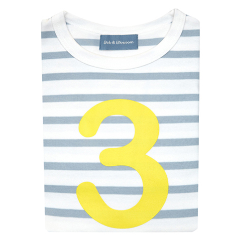 Grey &amp; White Breton Striped Number 3 T Shirt (Yellow)