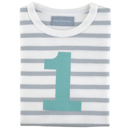 Grey &amp; White Breton Striped Number 1 T Shirt (Turquoise)