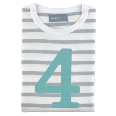 Grey &amp; White Breton Striped Number 4 T Shirt (Turquoise)